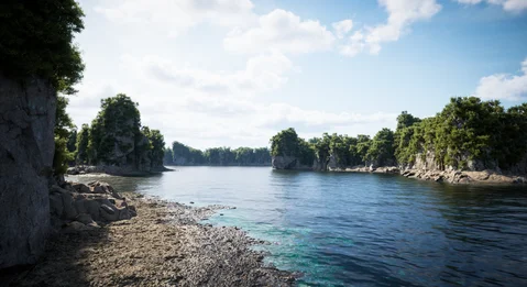 Rocky beach facing a sheltered island channel