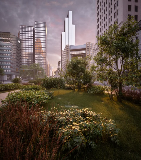 Urban towers beyond a landscaped public space