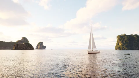 Sailboat on pale, reflective water