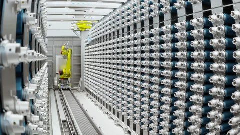 Rows of industrial equipment in a bright interior