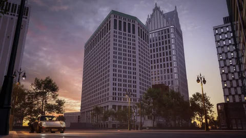 Stepped high-rise building at dusk
