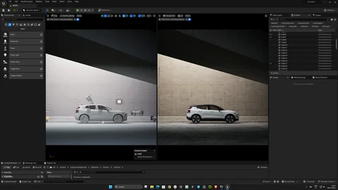 Vehicle scene setup and final camera composition side by side