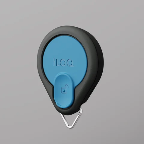 Blue electronic key fob on a neutral background