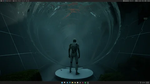 Character standing in a blue-lit circular chamber