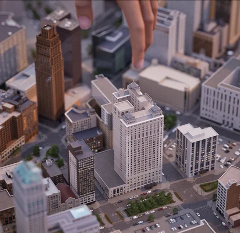 Miniature city scene viewed from above