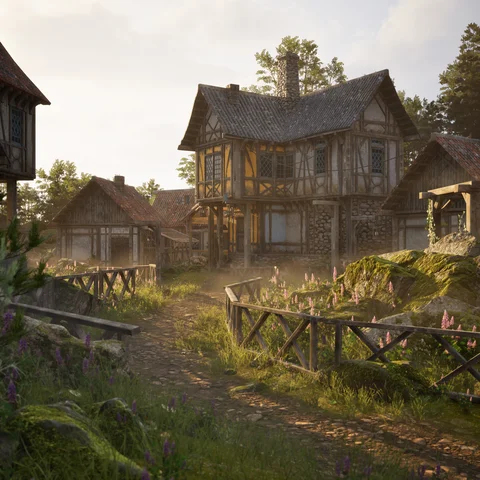 Timber village and wooden walkway