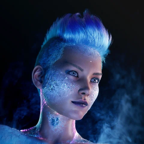 Blue-haired digital character portrait