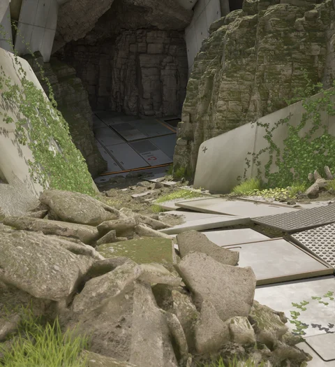 Stone passage through moss-covered structures