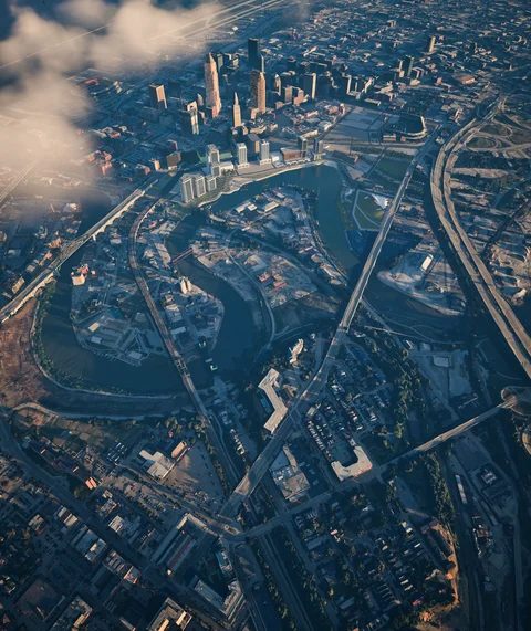 Vertical aerial view of a city and river