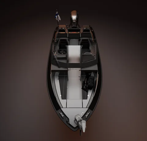 Top-down studio view of an open motorboat