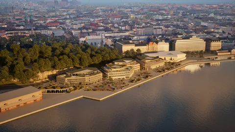 Waterfront buildings seen from above
