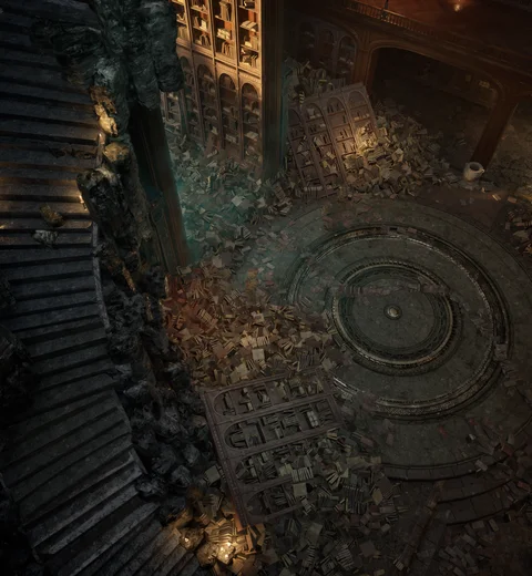 Circular floor detail inside a dark library