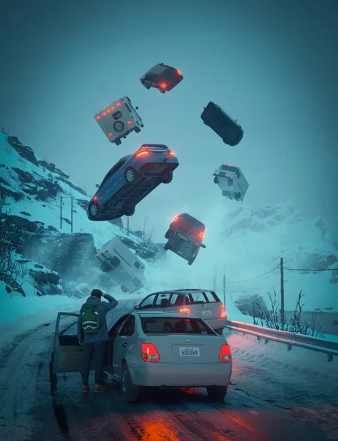 Surreal scene with cars suspended above a wet road