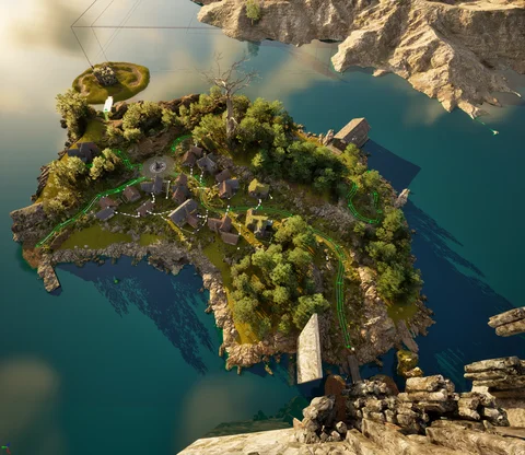 Island environment with a ruined stone arch