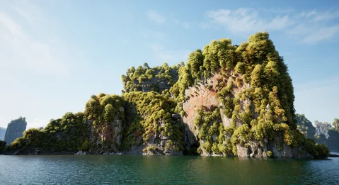Tree-covered island rising from calm water