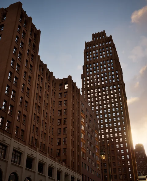Upward view of tall brick buildings