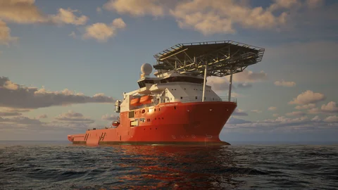 Orange offshore vessel on calm water