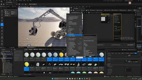 Forestry machine and material graph inside Unreal Engine