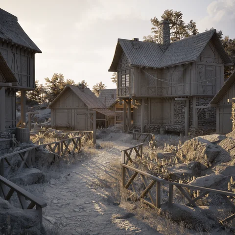 Timber village scene during development