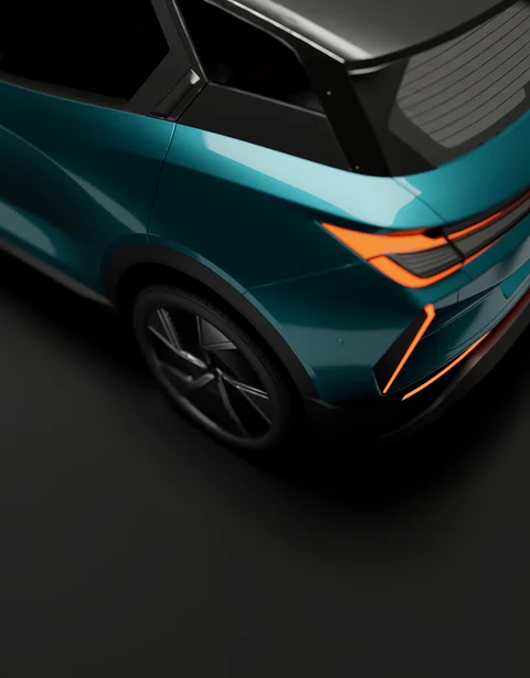 Rear detail of a turquoise vehicle