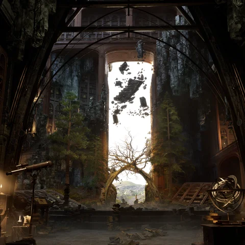 Overgrown industrial hall with a tall opening to daylight