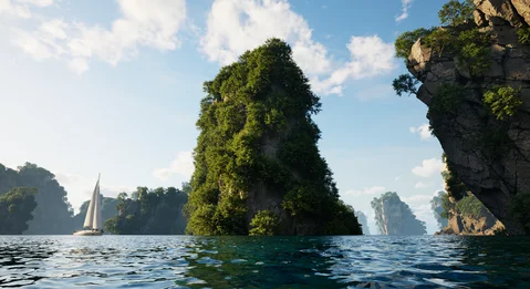 Vegetation-covered limestone formations rising from the sea