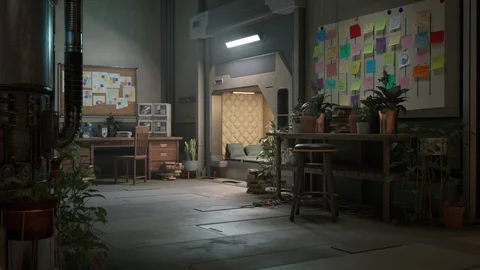 Bunker interior with plants, furniture and a noticeboard