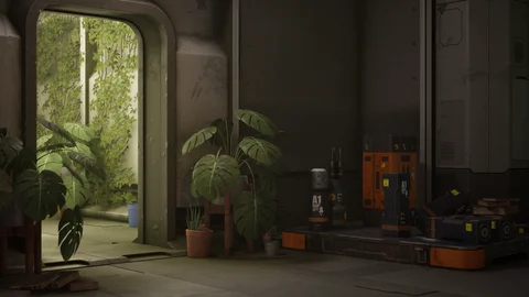Plants and equipment in a softly lit interior