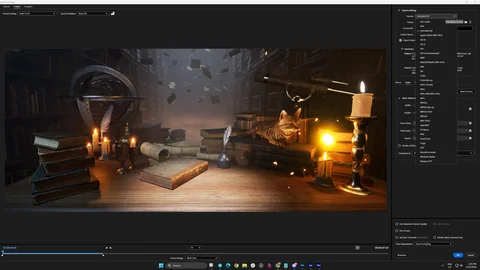 Library scene and cinematic timeline inside Unreal Engine