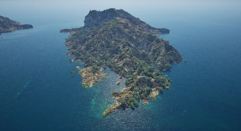 Aerial view of a rugged island