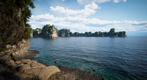 Sheltered beach with distant limestone islands