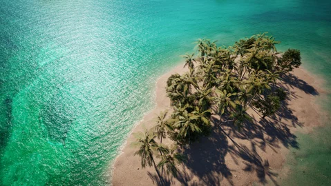 Palm-covered sandbank in turquoise water