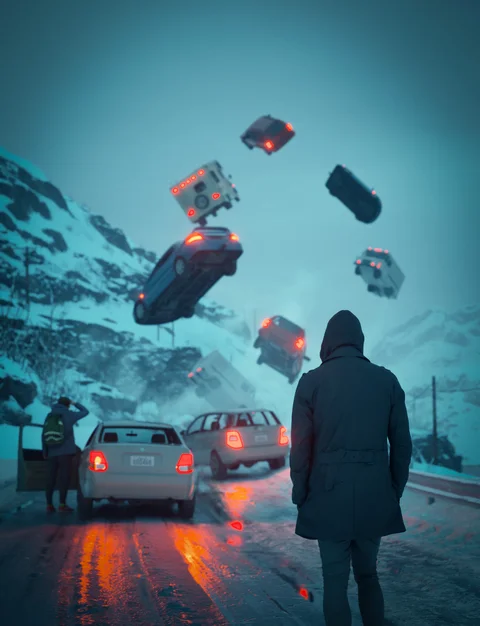 Figure watching cars suspended above a wet road