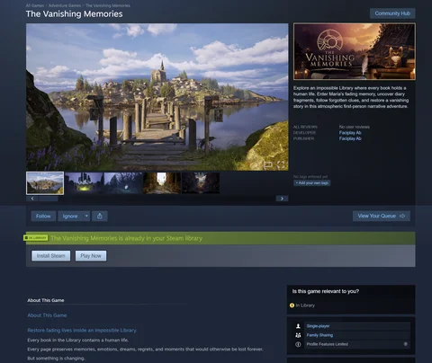 The Vanishing Memories Steam store page