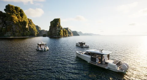 Motorboats passing through a rocky island channel