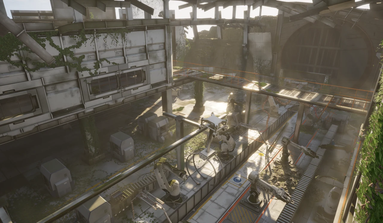 Overgrown industrial interior with plants and shafts of daylight