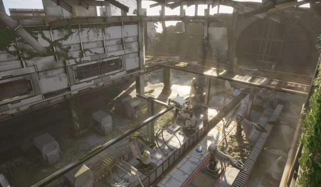 Overgrown industrial atrium seen from above