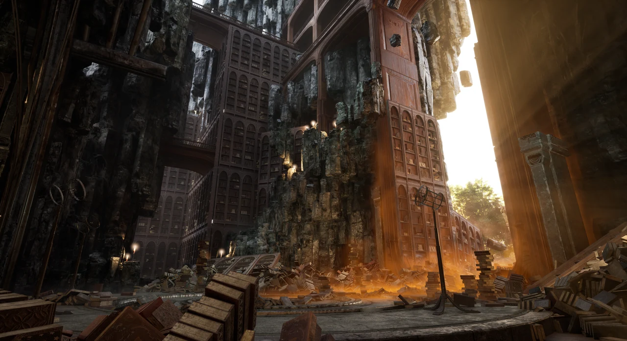 Towering ruined library filled with warm light and overgrown vegetation