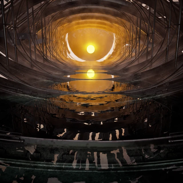 Circular structure framing a bright golden light