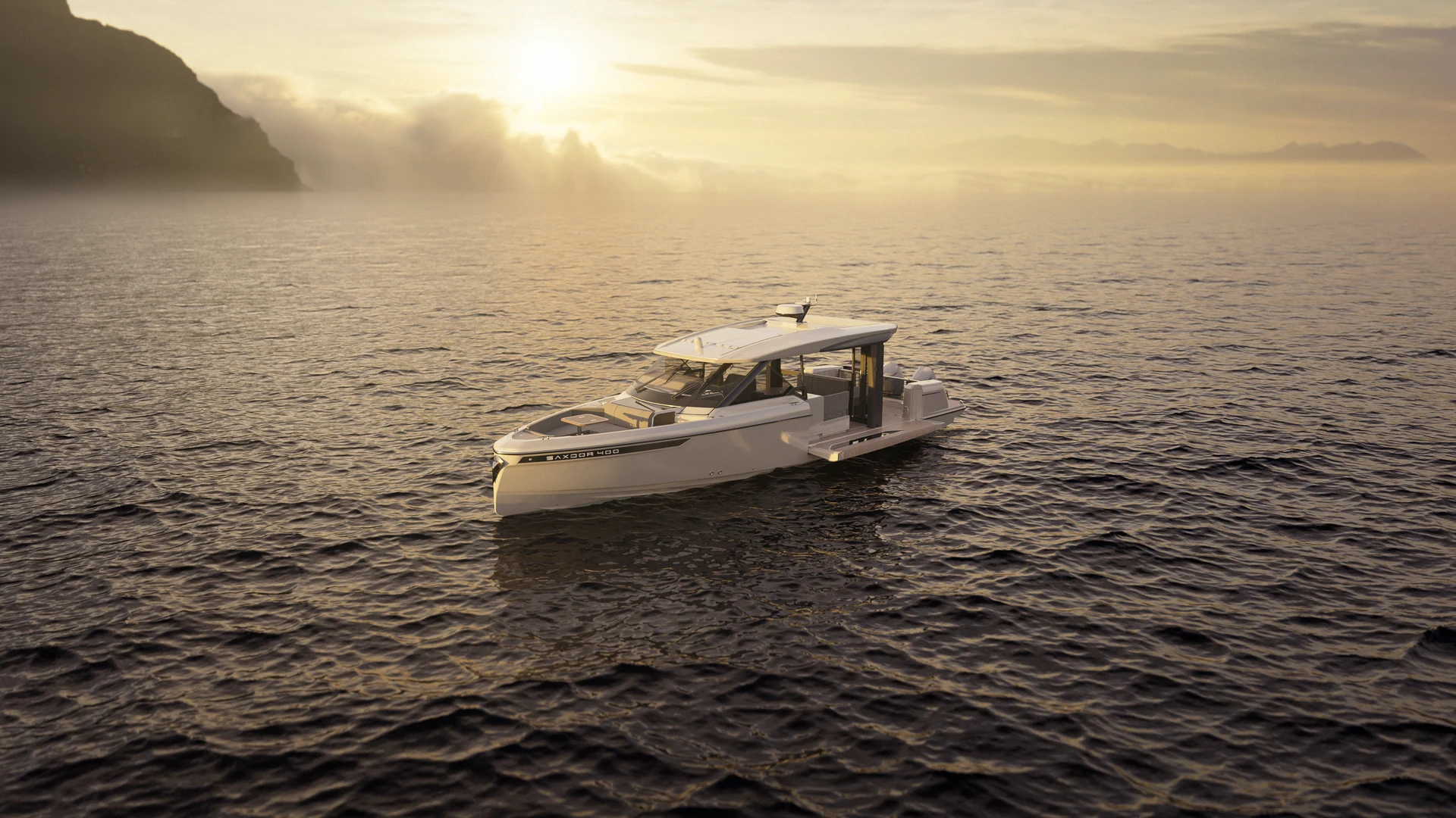 Motorboat on sunlit water beneath a hazy coastal sky