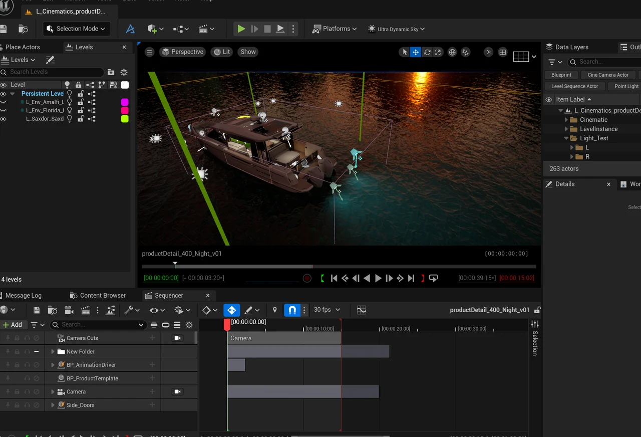 Unreal Engine Sequencer showing a boat scene with water and lights