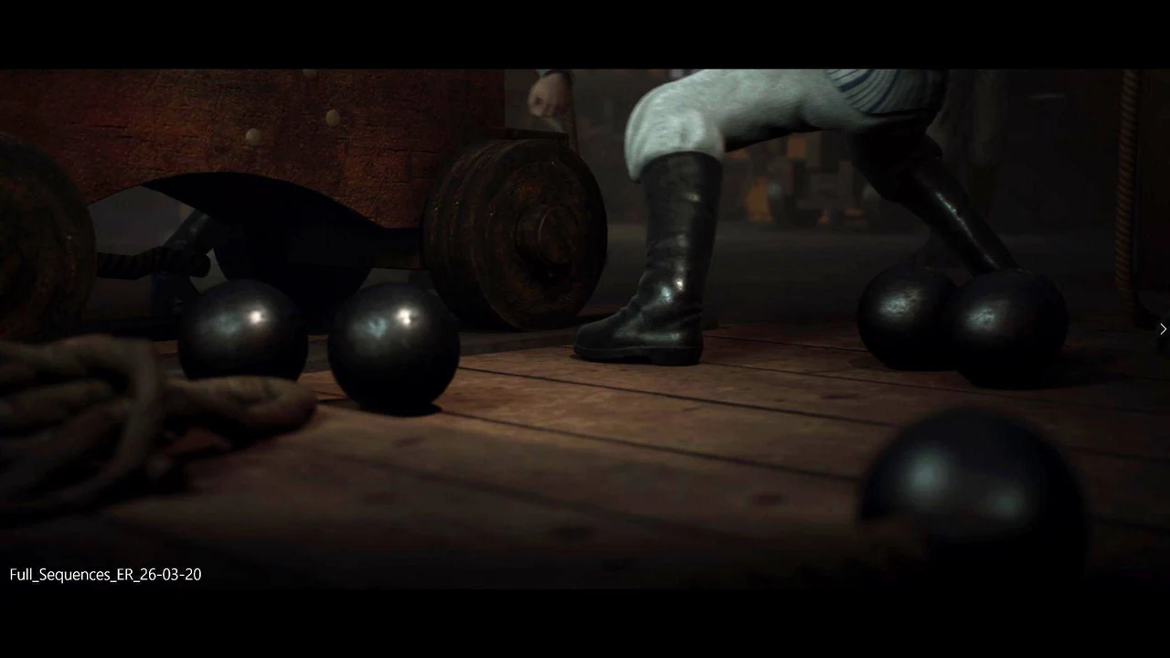 Ship cannon and wooden deck in a dimly lit cinematic shot