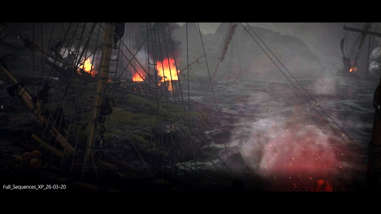 Historic sailing ships in a dark smoky battle scene