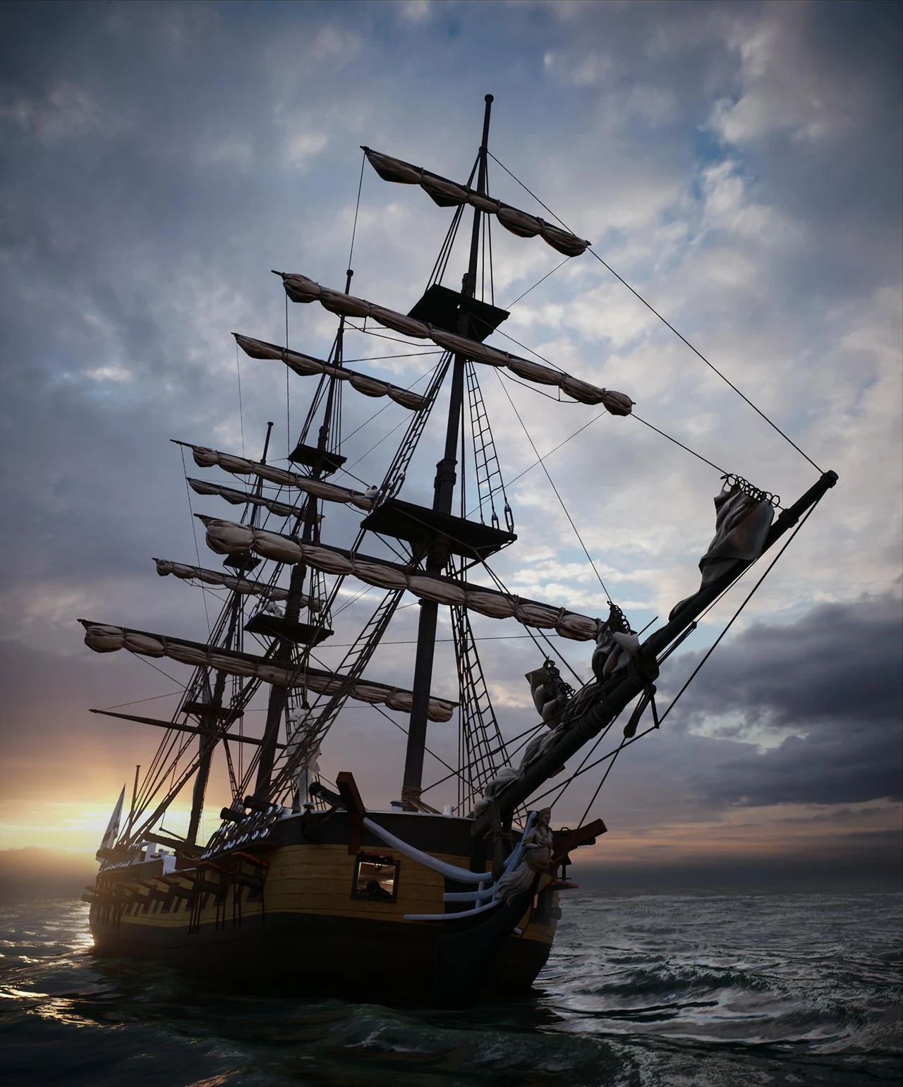 Sailing ship silhouetted against a dramatic evening sky