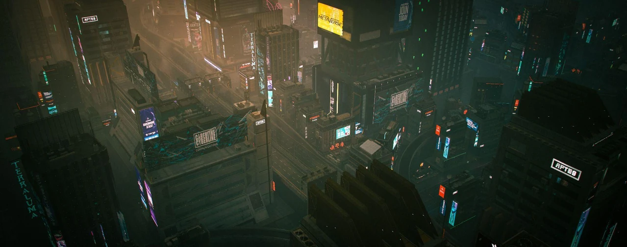 Aerial view of a dense futuristic city at dusk