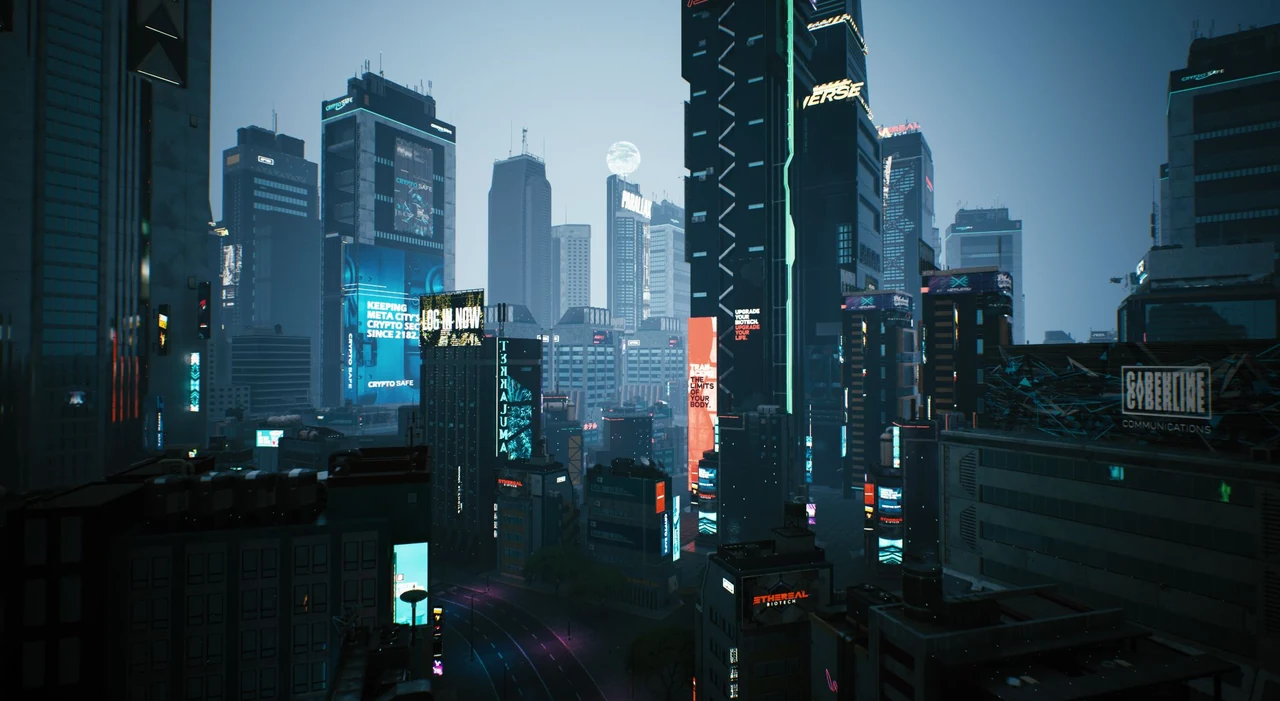 Tall futuristic buildings lit with cool blue signage