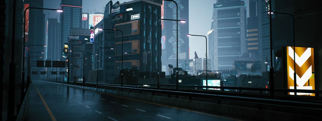 Layered cyberpunk city skyline seen from an elevated roadway