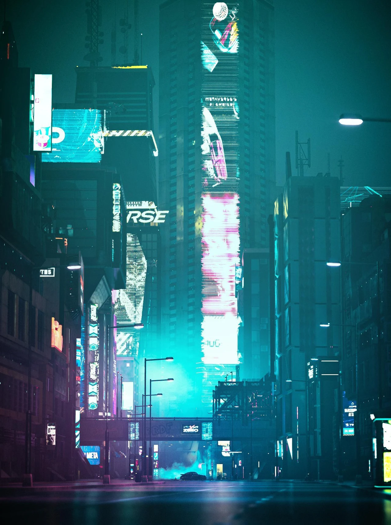Narrow city street filled with illuminated signs at night